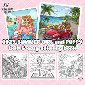 Op de afbeelding: Een kleurboek getiteld "COZY SUMMER GIRL and PUPPY" met 37 kleurplaten. De omslag toont illustraties van een meisje met een puppy op een flamingo-drijver, een meisje in een rode cabriolet en andere zomerse scènes.