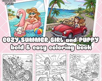 Cozy summer girl and puppy coloring book, 37 beach vacation coloring pages for adults and kids, printable kawaii summer adventures (PDF)