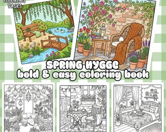Cute Spring Hygge coloring pages for adults and teens,cozy home aesthetic coloring book,relaxing spring rooms(Download PDF)