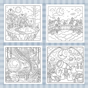 May include: A set of four black and white coloring pages featuring line art illustrations of ghosts in various settings, including a floating island with flowers, a bridge over clouds, a spiral staircase library, and a room with a telescope.