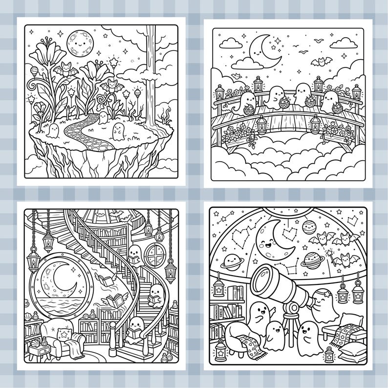 May include: A set of four black and white coloring pages featuring line art illustrations of ghosts in various settings, including a floating island with flowers, a bridge over clouds, a spiral staircase library, and a room with a telescope.