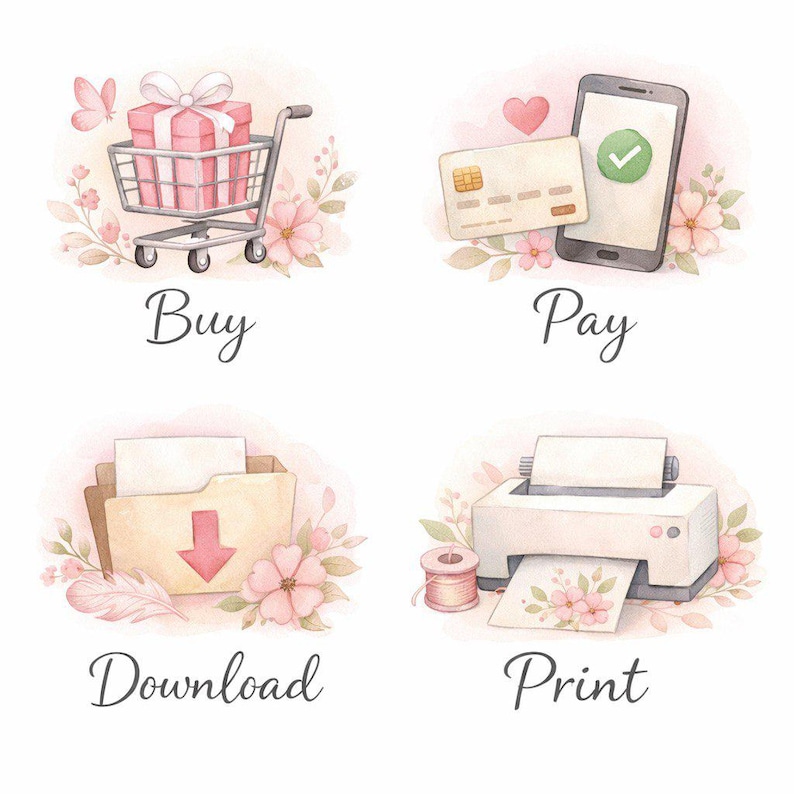Op de afbeelding: Waterverfillustraties die e-commerce-acties uitbeelden: een winkelwagen met een cadeau, een smartphone met een creditcard, een map met een downloadpijl en een printer. Elke afbeelding is omgeven door bloemelementen en gelabeld met een bijbehorende actie.