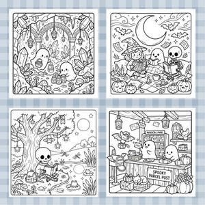May include: A set of four black and white coloring pages featuring line art illustrations of ghosts, skeletons, and bats. Scenes include a crystal cave, a nighttime reading session, a skeleton by a pond, and a post office labeled MAGICAL MAIL.