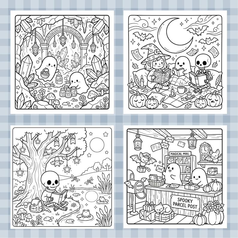 May include: A set of four black and white coloring pages featuring line art illustrations of ghosts, skeletons, and bats. Scenes include a crystal cave, a nighttime reading session, a skeleton by a pond, and a post office labeled MAGICAL MAIL.