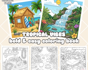 Cozy tropical vibes coloring pages, 36 relaxing summer place, beach scenes, dult & teen coloring book, printable digital download (PDF)