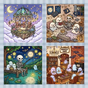 May include: A four-panel illustration featuring whimsical scenes: bats playing music in a floating gazebo, ghosts and a skeleton having a sleepover, a skeleton fishing for stars with ghosts on a dock, and ghosts socializing in a Ghostly Caf&eacute;.
