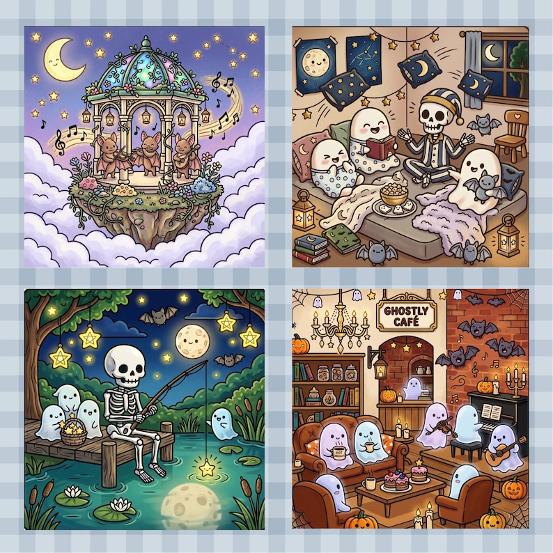 May include: A four-panel illustration featuring whimsical scenes: bats playing music in a floating gazebo, ghosts and a skeleton having a sleepover, a skeleton fishing for stars with ghosts on a dock, and ghosts socializing in a Ghostly Caf&eacute;.