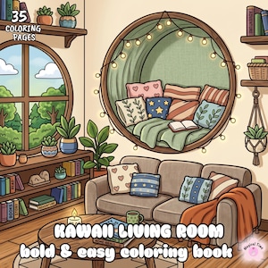 Può includere: Una pagina da colorare intitolata KAWAII LIVING ROOM bold & easy coloring book con 35 COLORING PAGES. L'illustrazione mostra una stanza accogliente con un sedile vicino alla finestra rotonda, un divano con cuscini, librerie e piante.