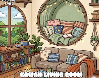 May include: A coloring book page illustration titled KAWAII LIVING ROOM bold & easy coloring book featuring 35 COLORING PAGES. The scene shows a cozy room with a round window seat, a sofa with patterned pillows, bookshelves, and plants.