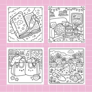 Op de afbeelding: Vier zwart-wit illustraties op een roze rasterachtergrond. De illustraties tonen een boek met harten, een woonkamer met een kat en popcorn, boodschappentassen met een trui en een tuin met bloemen.