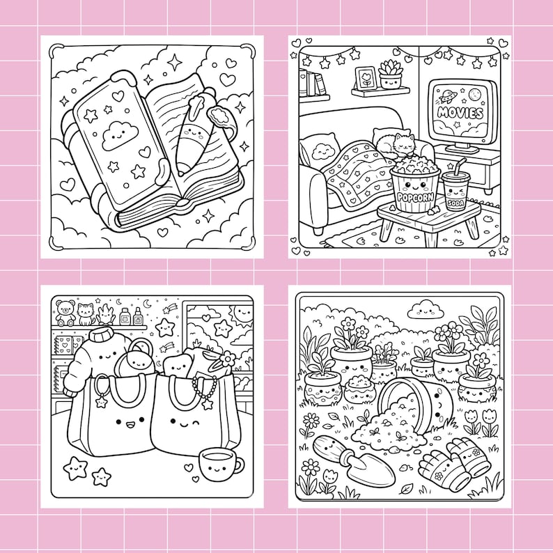 Op de afbeelding: Vier zwart-wit illustraties op een roze rasterachtergrond. De illustraties tonen een boek met harten, een woonkamer met een kat en popcorn, boodschappentassen met een trui en een tuin met bloemen.