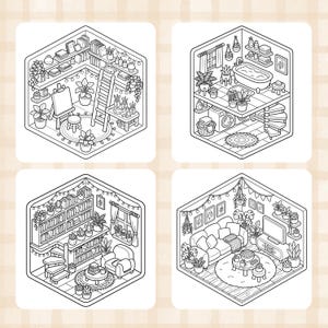 May include: Four black and white isometric illustrations of cozy rooms. The rooms include a library, a bathroom with a bathtub, a living room with a sofa, and an art studio with an easel and ladder. Each room is filled with plants.