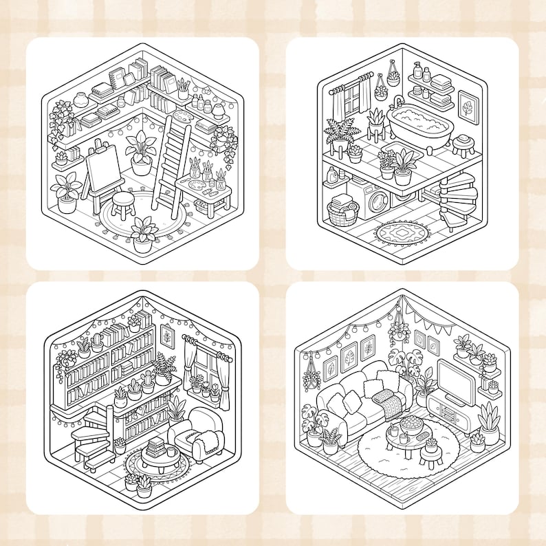 May include: Four black and white isometric illustrations of cozy rooms. The rooms include a library, a bathroom with a bathtub, a living room with a sofa, and an art studio with an easel and ladder. Each room is filled with plants.