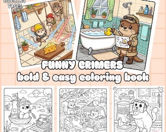 Funny crimers coloring book, 30 kawaii animal pages, cute heists and silly crimes, printable digital download for adults and children (PDF)
