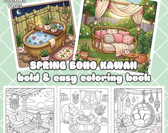Cozy spring boho coloring pages, simple and bright drawings,relaxing coloring pages for adults and children,printable coloring(download PDF)