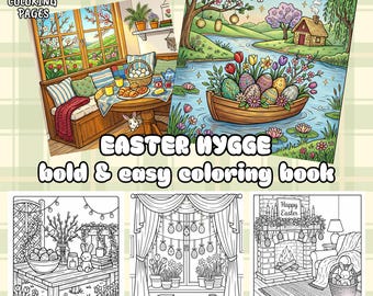 Cozy Hygge Easter Coloring Pages, cute spring home scenes, easter decor, printable digital coloring book, (Download PDF)