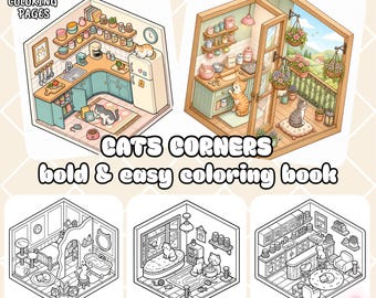 Cozy cats corners coloring book,36 cats digital coloring pages,cute isometric room,bold and easy coloring pages for adults and kids(PDF)