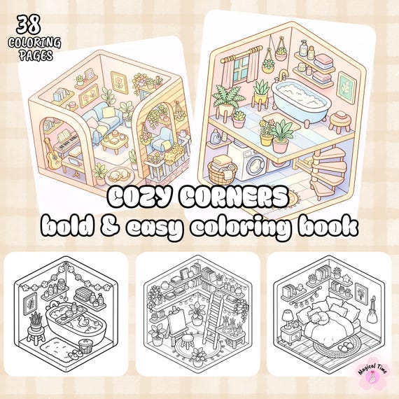 Cozy corners coloring pages, 38 charming home scenes to help you relax,cute printable coloring pages for adults and children (Download PDF)