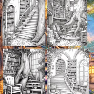 May include: A grayscale illustration of four scenes depicting fantasy libraries. Each scene features bookshelves, staircases, and architectural elements like arches and trees. The style is reminiscent of a coloring book page.