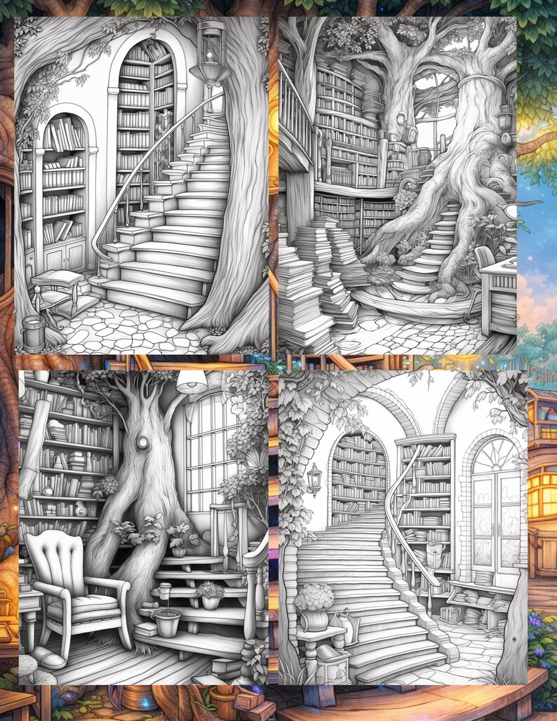 May include: A grayscale illustration of four scenes depicting fantasy libraries. Each scene features bookshelves, staircases, and architectural elements like arches and trees. The style is reminiscent of a coloring book page.