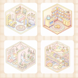 May include: Four isometric illustrations of cozy rooms. Each room is a different scene, including a bedroom, kitchen, living room, and a multi-level space. Each room features a cat, plants, and furniture in a pastel color palette.