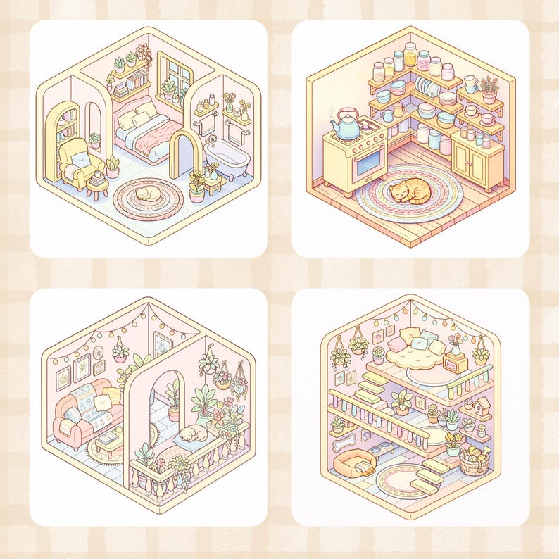 May include: Four isometric illustrations of cozy rooms. Each room is a different scene, including a bedroom, kitchen, living room, and a multi-level space. Each room features a cat, plants, and furniture in a pastel color palette.