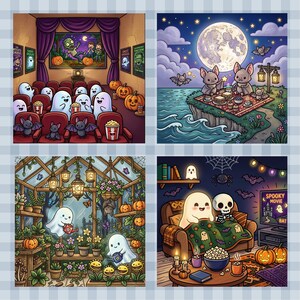 May include: A four-panel digital illustration featuring Halloween-themed scenes. One panel shows ghosts and bats in a movie theater, another depicts bats having a picnic under a full moon, a third shows ghosts gardening in a greenhouse, and the last shows a ghost and skeleton watching a movie.
