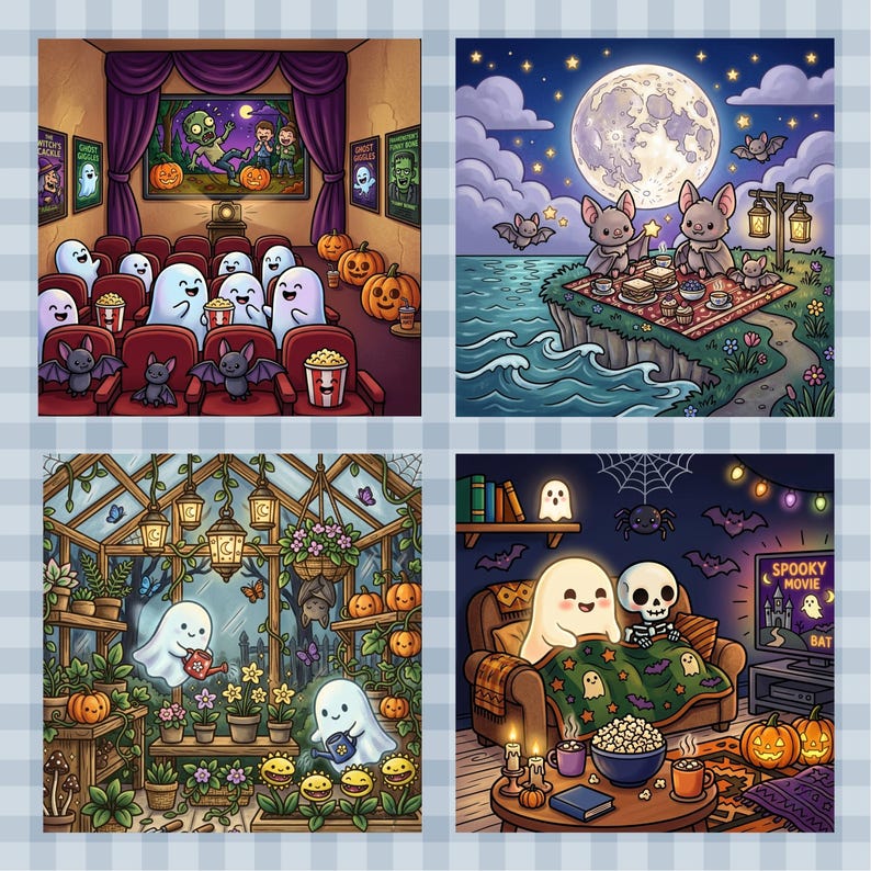 May include: A four-panel digital illustration featuring Halloween-themed scenes. One panel shows ghosts and bats in a movie theater, another depicts bats having a picnic under a full moon, a third shows ghosts gardening in a greenhouse, and the last shows a ghost and skeleton watching a movie.