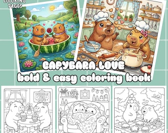 Kawaii capybara coloring book, 31 cute & funny animal coloring pages, cozy art digital download, printable for adults and children (PDF)