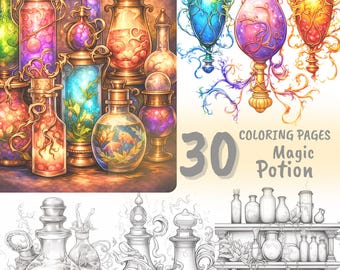 Magic Potion Coloring Book, cozy 30 fantasy alchemy bottles, witchcore coloring pages, cute relaxing printable art (download PDF)