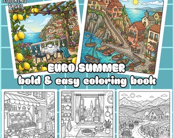 Euro summer kawaii coloring book, 34 cozy travel coloring pages,cute aesthetic europe scenes digital,adult & teen coloring (download PDF)