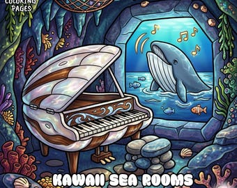 Kawaii sea coloring pages, 34 cozy aesthetic sea room interior coloring book for teens and adults, relaxing digital download (PDF)