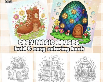 Magical Cozy Fairy Houses Coloring Pages, cute fantasy cottage coloring book, printable kids coloring book, whimsical homes (Download PDF)