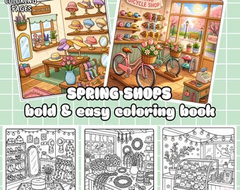 Spring shops coloring book, 35 cozy kawaii shop interiors, simple and bright drawings, relaxing coloring pages for adults and children (PDF)