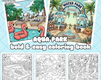 Cute water park coloring pages, 29 cozy summer digital coloring book, cute relaxing scenes,beach vibes,dult & teen coloring (download PDF)