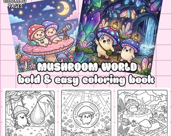 Cute coloring mushrooms world,41 cozy scenes featuring ,simple and bright drawings, relaxing coloring pages for adults and children(PDF)