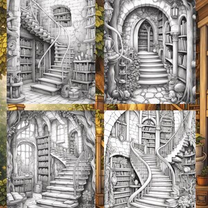 May include: A grayscale illustration of four fantasy library scenes. Each scene features a staircase, bookshelves, and architectural details like arched doorways and stone walls. The style is reminiscent of a coloring book.