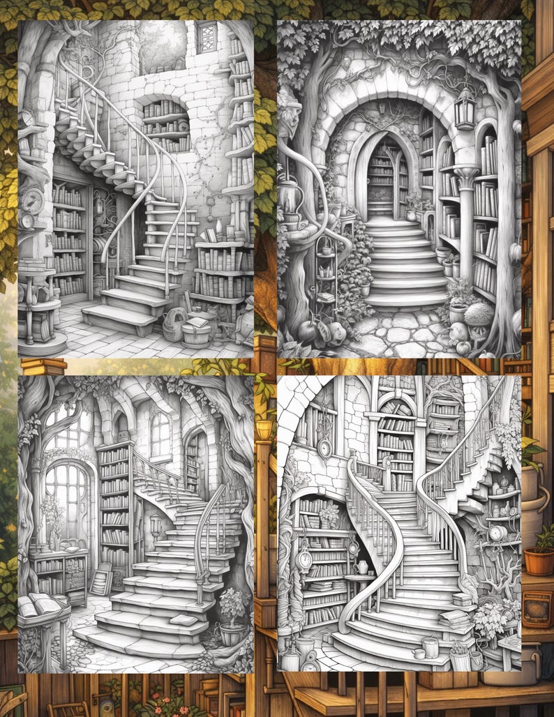 May include: A grayscale illustration of four fantasy library scenes. Each scene features a staircase, bookshelves, and architectural details like arched doorways and stone walls. The style is reminiscent of a coloring book.