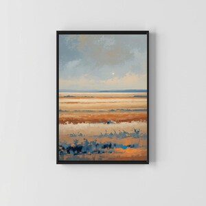 Puede incluir: Una pintura de paisaje abstracto en un marco negro. La obra presenta una paleta de azules, naranjas y marrones apagados, que representa una escena serena con un cielo nublado y un horizonte distante. Las pinceladas crean un efecto texturizado.