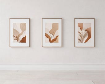 Japandi Abstract Wall Art Set of 3, Neutral Minimal Beige Prints