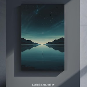 Puede incluir: Una impresión en lienzo que presenta un paisaje sereno con un cielo nocturno estrellado reflejado en agua tranquila. Montañas oscuras enmarcan el horizonte. La obra de arte está firmada "Exclusive Artwork by PBminimalartco."