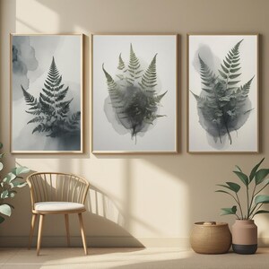 May include: Three framed botanical prints featuring fern illustrations in shades of gray and green. The artwork has a watercolor effect, with the fern leaves detailed against a soft background. The frames are a light wood color, adding a natural touch to the wall decor.
