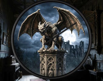 Realm's Protector Gargoyle, Ornate Gothic Full Moon Castle Ruins, Dark Academia Decor