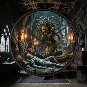 May include: A round wall clock featuring a detailed illustration of the mythological figure Medusa with snakes for hair, glowing green eyes, and a serpentine lower body, looming over a fallen warrior in armor within a dark, cavernous stone setting.