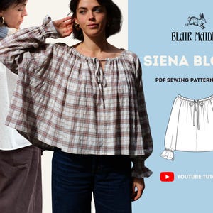 May include: A woman models a plaid Siena Blouse. The blouse has a round neckline with a tie, long sleeves, and ruffled cuffs. The image also includes a line drawing of the blouse and the text "Blair Maiden Siena Blouse PDF Sewing Pattern XS-XXL".