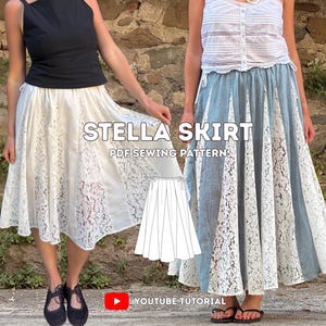Patrón PDF para coser la falda Stella / Cintura ajustable con cordón / Falda midi maxi con godets