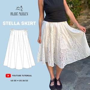Può includere: Una gonna bianca in pizzo di lunghezza midi, abbinata a un top nero. La gonna presenta un motivo floreale in pizzo e una silhouette fluida. L'immagine include anche un disegno a tratto della gonna e il testo "STELLA SKIRT".