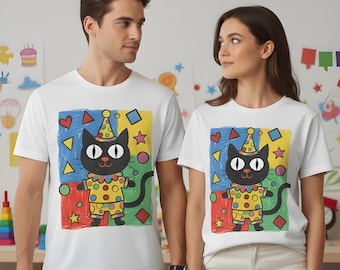 Kawaii Kidcore Clowncore Unisex Cotton Tee | Aesthetic Hand Drawn Look Shirt | Funky Black Cat Lover Gift