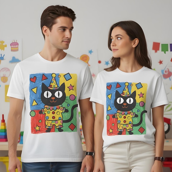 Kawaii Kidcore Clowncore Unisex Cotton Tee | Aesthetic Hand Drawn Look Shirt | Funky Black Cat Lover Gift