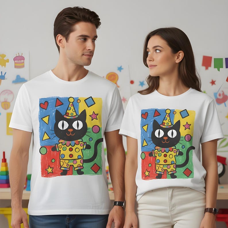 Kawaii Kidcore Clowncore Unisex Cotton Tee | Aesthetic Hand Drawn Look Shirt | Funky Black Cat Lover Gift image 1